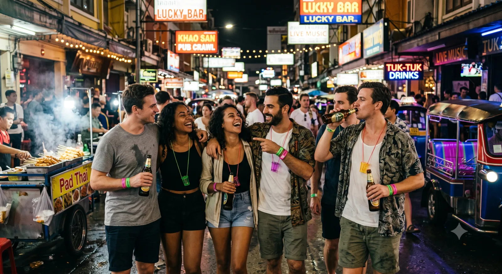 Friends exploring a lively Bangkok street together at night.