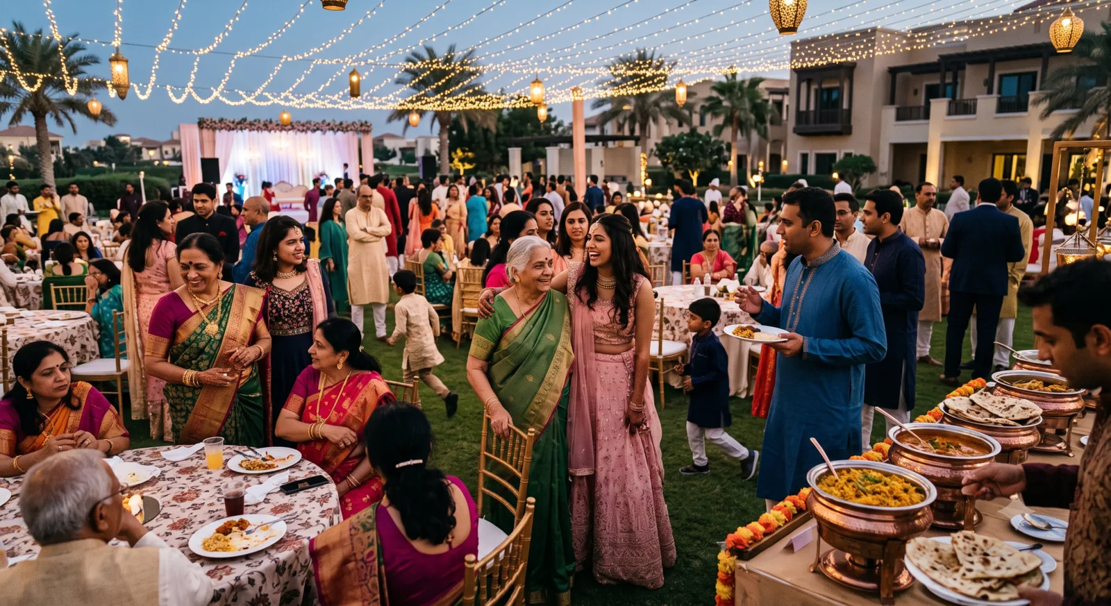 A multigenerational family gathering at an outdoor wedding celebration.