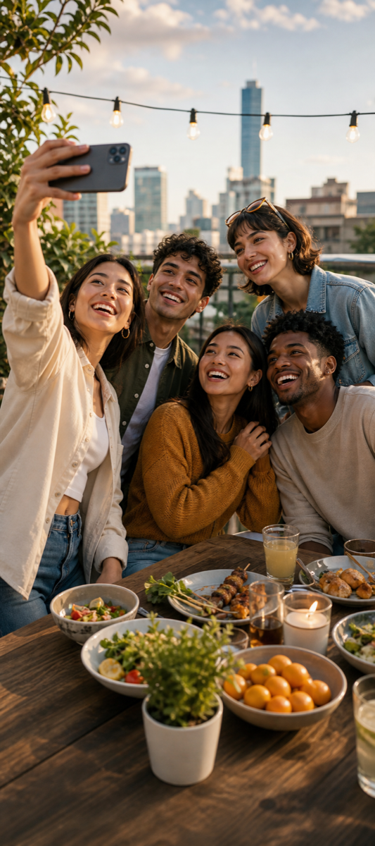 Friends smiling together at a rooftop dinner.