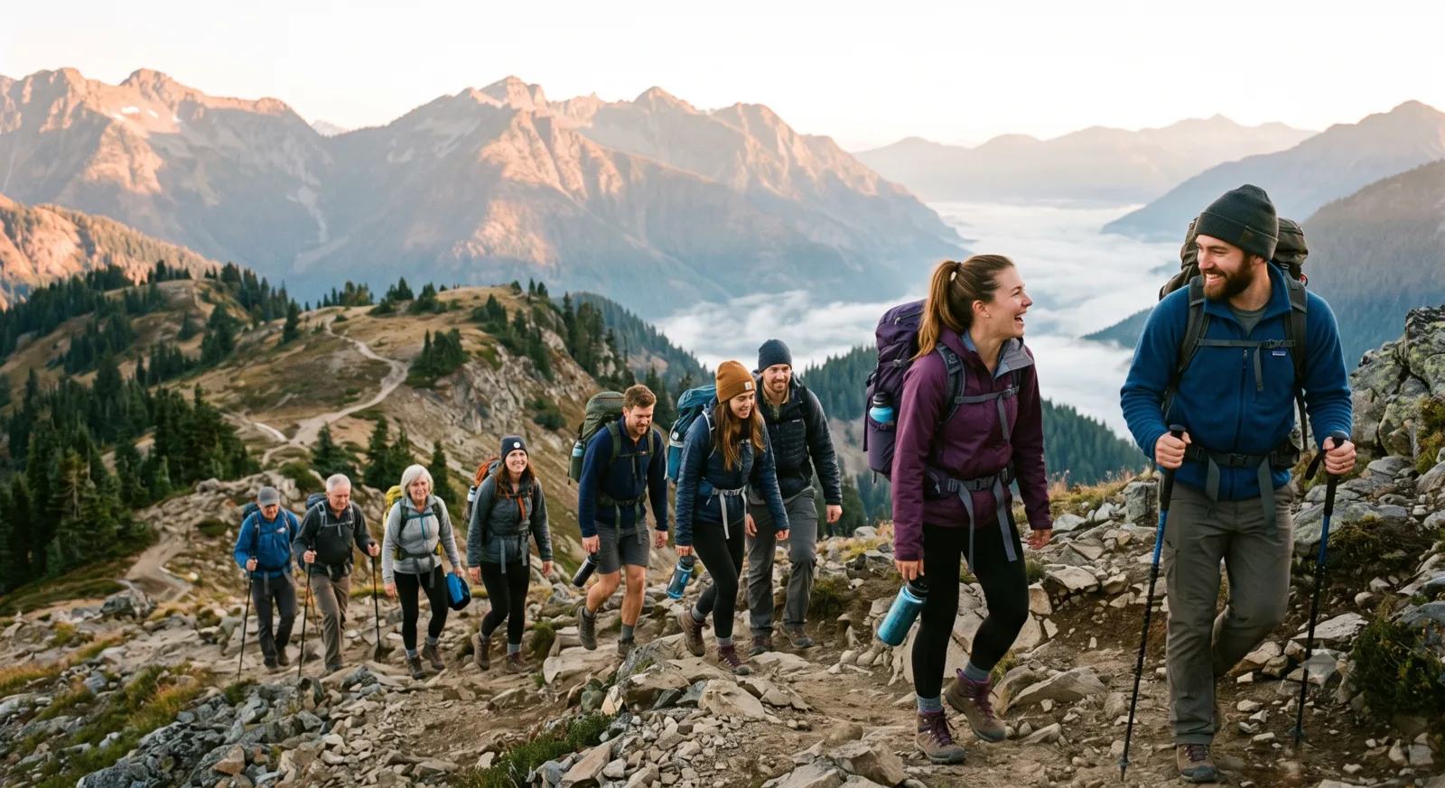 A group of friends hiking together through the mountains.