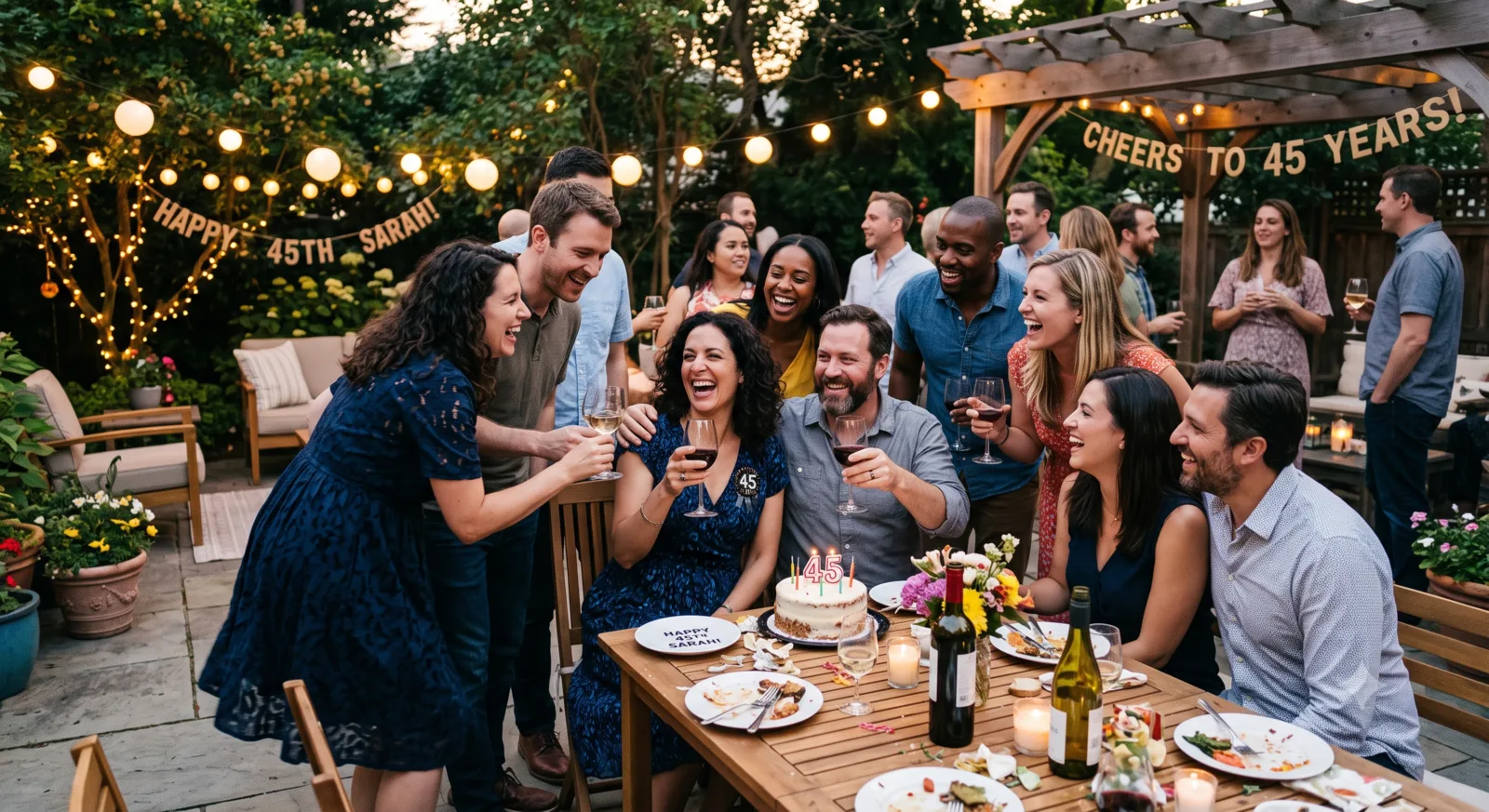 Friends celebrating Sarah’s birthday together in a garden.