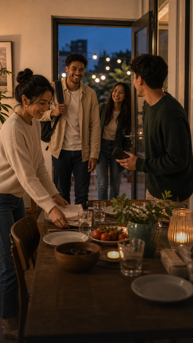 Friends arriving for dinner around a table.