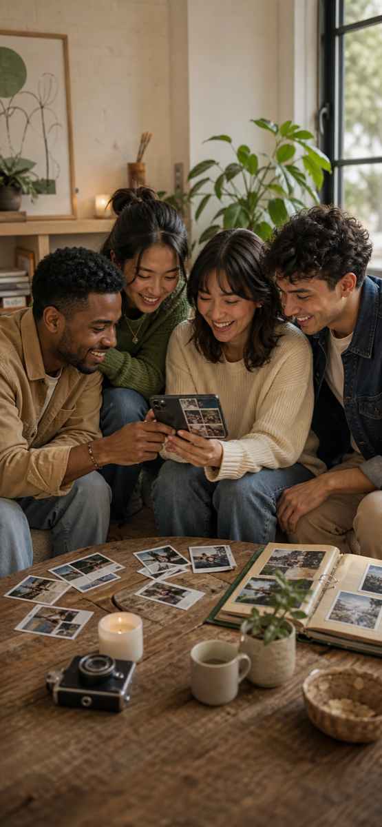 Friends looking through photos from a shared memory.