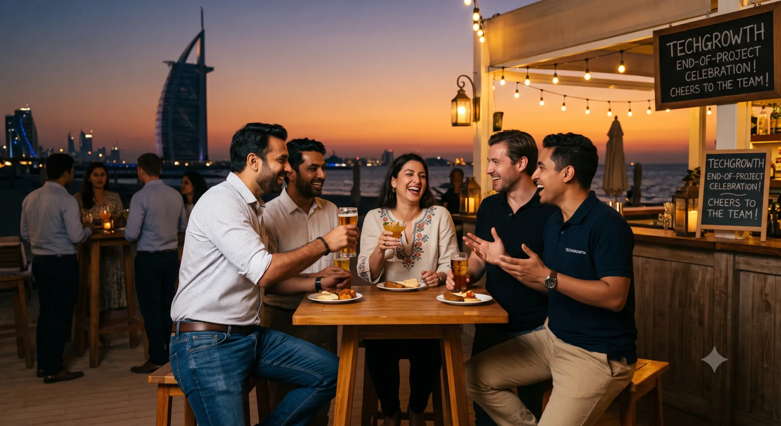 A team celebrating together at a rooftop gathering.